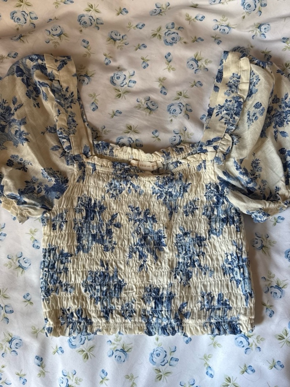 Monteau Blue Floral Smocked Square-Neck Crop Top